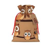 Lindas bolsas de regalo de Navidad con diseño de búhos de dibujos animados de color marrón, versátiles con cordón, perfectas para vacaciones y ocasiones especiales