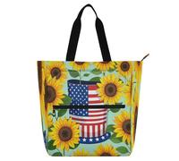 Lindas bolsas decorativas para niños, niñas y adultos, 4 de julio, Día de la Independencia, girasol amarillo, resistente, reutilizable, bolsa de comestibles con bolsillos con cremallera para la