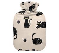 Lindas botellas de agua caliente con diseño de gatos negros con pies de cubierta suave y calentador de cama, bolsa de agua caliente para aliviar el dolor de cuello y hombros, tamaño mediano