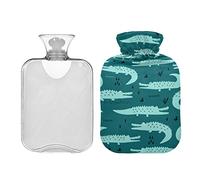 Lindas botellas de agua caliente de cocodrilo verde azulado de 2 litros almohadilla de calefacción de agua para aliviar dolores de cabeza, dolor de espalda, calambres menstruales