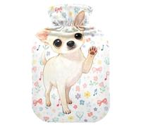 Lindas botellas de agua caliente para perro chihuahua blanco con cubierta suave, bolsa de agua de 1 litro para dolor muscular, alivio del dolor, bolsas para agua Caliente