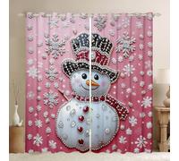 Lindas cortinas de ventana de muñeco de nieve, copos de nieve blancos de Navidad rosas cortinas de decoración del hogar, impresión de cristal brillante de Navidad (no real) cortinas de ventana para