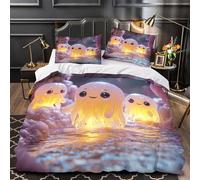 Lindas criaturas brillantes 3D Impresión Funda de edredón 3pz Microfibra resistente dibujos animados de fantasía Edredón funda 2 fundas antidesvanecimiento Decoración familia Single (135x200cm)