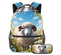 Lindas ovejas y flores dan rienda suelta a tu potencial, mochila con estuche para lápices, juego de mochila escolar perfecta para niños, niñas y adolescentes en una misión, multicolor, B：29.4x20x40cm\
