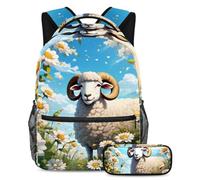 Lindas ovejas y flores listas para aventuras, mochila con estuche para lápices, juego de 2 mochilas escolares duraderas para niños, niñas y adolescentes, multicolor, B：29.4x20x40cm P：19x7.5x3.8cm,