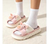 Lindas pantuflas de lino de cerdo de dibujos animados 3D, plataforma gruesa, puntera abierta, transpirables, para interiores, para mujer, color rosa y blanco