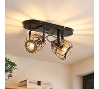 Lindby downlight de techo Bominio, 36 cm, 2 luces, madera, ratán