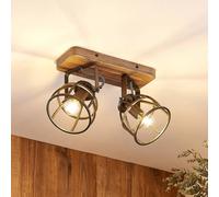 Lindby downlight de techo Rutger, 36cm, 2 luces, madera, jaula, E14