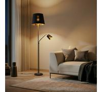 Lindby lámpara de pie Efalia, negro/oro, textil, brazo de lectura