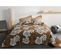 Linder - Manta de Cama de algodón, diseño de Flor Natural, Tejido y teñido en Francia, Color Amarillo té y Negro, 240 x 260 cm, Tejido de poliéster/algodón y guata 100% poliéster, colección PEONIA