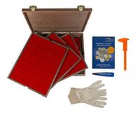 LINDNER Das Original Caja de monedas de madera con 4 inserciones rojas en mesa de madera auténtica con 80 compartimentos cuadrados de 47 mm de diámetro, dimensiones exteriores: 32,5 x 26,5 x 6 cm