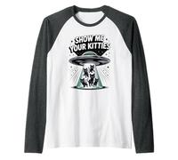 Lindo Alien Show ME Your Kitties Amante de los Gatos Dueño Animal Mamá Camiseta Manga Raglan
