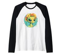 Lindo alienígena con una hermosa corona de flores para adultos y niños Camiseta Manga Raglan