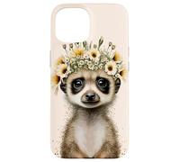 Lindo animal de la vida silvestre del suricato encantador con el tocado floral Carcasa para iPhone 15