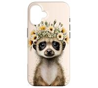 Lindo animal de la vida silvestre del suricato encantador con el tocado floral Carcasa para iPhone 16