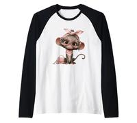 Lindo Baby Monkey Kawaii Personaje Rosa Leopardo Gafas Look Camiseta Manga Raglan
