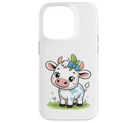 Lindo bebé Kawaii Vaca con Arco Dibujos Animados Animal Arte Carcasa para iPhone 14 Pro
