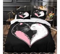 Lindo beso de gato 3D Impresión Edredón funda 3pz Microfibra antimanchas Amor animal de dibujos animados Funda de edredón 2 fundas lavable a máquina Decoración habitación adultos Single（140x200cm）