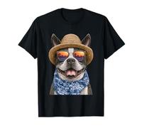 Lindo Boston Terrier con Gafas de Sol y Sombrero de Paja Bostie Dog Camiseta