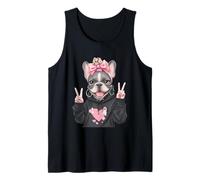Lindo Bulldog Francés Frenchie Girl Peace Sign Gráfico Rosa Camiseta sin Mangas