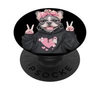 Lindo Bulldog Francés Frenchie Girl Peace Sign Gráfico Rosa PopSockets PopGrip Adhesivo