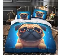 Lindo cachorro de pug Funda de Edredón Estampado 3D Juego de 3 Piezas Suave Cierre de con Fundas de Almohada Suave Ilustración de dibujos animados Funda Edredon for Adultos Single（140x200cm）