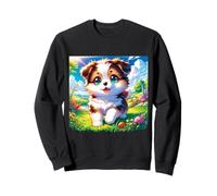 Lindo Cachorro en Prado de Flores Arte de Dibujos Animados con Grandes Ojos Azules Sudadera