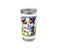 Lindo cachorro en prado de flores arte de dibujos animados con grandes ojos azules Vaso térmico de acero inoxidable de doble pared