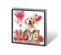 Lindo cachorro feliz sosteniendo un cartel de madera, broches y alfileres unisex con diseño de amor, insignia de solapa cuadrada y ligera, joyería para ropa, chal o sombrero.