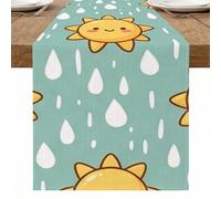 Lindo camino de mesa de sol y gotas de lluvia, decoración divertida para cocina, comedor, reuniones familiares de verano y fiestas al aire libre, 13 x 108 pulgadas