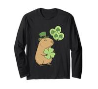 Lindo Capibara de la Suerte sosteniendo trébol día de San Patricio Manga Larga