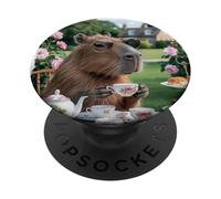 Lindo Capybara Sip Tea Rose Cup Cottagecore Floral Garden PopSockets PopGrip Adhesivo