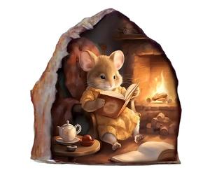 Lindo Cartoon Ratoncito Leyendo Junto A La Chimenea Calcomanías De Pared-Habitación Infantil Pared De Énfasis Decorativos Pegatinas