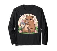 Lindo castor Boba bebiendo té de burbujas Kawaii diseño Manga Larga