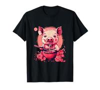 Lindo cerdo comiendo ramen floral obras de arte kawaii japoneses fideos Camiseta