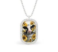 Lindo collar con colgante rectangular de girasoles de metal con diseño de vaca en una vieja bañera de metal para mujer, joyería de aleación para mujer