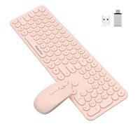 Lindo combo de teclado y mouse inalámbricos, conexión estable de 2.4 gs, juego de teclado silencioso rosa de tamaño completo, teclado retro redondo para computadora con teclado numérico compatible con
