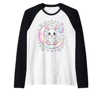 Lindo Conejito Sentado en Luna Creciente con Estrellas Camiseta Manga Raglan