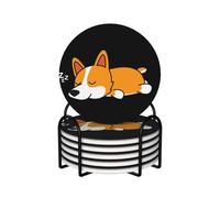 Lindo Corgi durmiendo,Posavasos Redondos de cerámica, Almohadilla para Tazas, Juego de 6 Posavasos para Bebidas