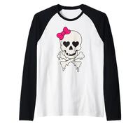 Lindo cráneo goteando lazo rosa hueso cruzado Halloween mujeres niñas Camiseta Manga Raglan