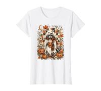 Lindo diseño de café con Leche de Calabaza y Mapache Fantasma para Halloween Camiseta gráfica económica, Mujer, Blanco, XS