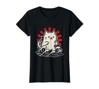 Lindo diseño de Gato Ondulado japonés - Kawaii Lucky Kitty Retro RIS Camiseta gráfica económica, Mujer, Negro, L