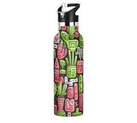 Lindo Doodle Arte Verde Rosa PatróN Botella de Agua para Niños de Acero Inoxidable,Vaso Isotérmico de Vacío para Niñas Niños