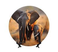 Lindo elefante bebé y mamá platos decorativos de porcelana de hueso de 6 pulgadas con soporte de exhibición, adornos de cerámica, placa de porcelana para el hogar, oficina, decoración colgante de