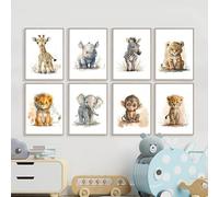 Lindo elefante, león, jirafa, tigre y cebra. Juego de pinturas para pared de guardería, impresiones y pósteres en lienzo .(Enmarcado)