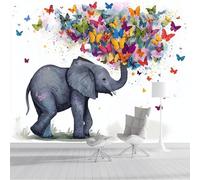 Lindo elefante mariposa Murales de Pared, Animales de dibujos animados Papel Pintado Amarillo grisáceo de Tela, Gran Mural Fotográfico para guarderías, escuelas, escuela, estilo