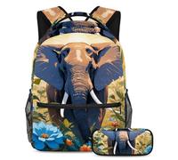 Lindo elefante y flor inspiran el aprendizaje y la diversión, juego de 2 mochilas escolares para niños con mochila y estuche para lápices, bolsa de viaje de gran capacidad para niños, niñas y