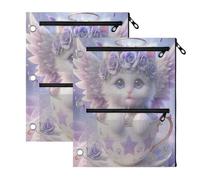 Lindo estuche para lápices con diseño de gato, ángel y gatito, para 3 | Paquete de 2, estuche transparente con cremallera frontal con 3 bolsillos y ojales reforzados, 11 x 8.9 pulgadas