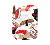 Lindo estuche para pintalabios japonés con diseño de gato de la suerte y sushi y pescado, portátil, mini caja de almacenamiento para pintalabios, estuche organizador de labios de viaje con espejo para mujer, Varios colores, 9.5x2x7 cm/3.7x0.8x2.7 in