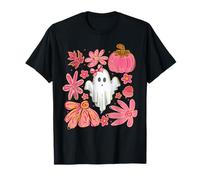 Lindo Fantasma Femenino Flores Rosas y Calabaza otoño Halloween Mujeres Camiseta